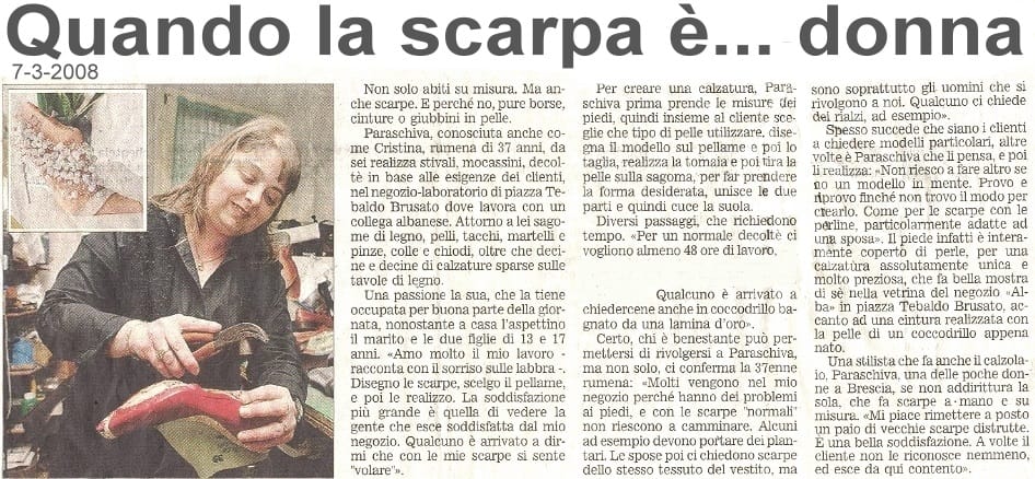 Articolo di giornale del 7 marzo 2008 dedicato alla bottega, dal titolo Quando la scarpa e donna