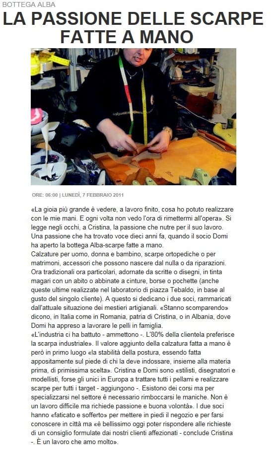 Articolo di giornale del 7 febbraio 2011 dal titolo La passione delle scarpe fatte a mano