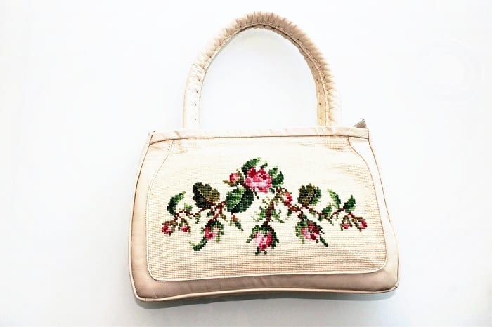 Borsa con manici in pelle di capretto e tessuto ricamato, Borse